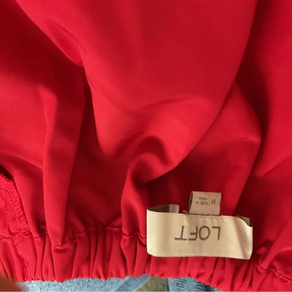 LOFT Red Puff Sleeve V-Neck Top with Black Velvet Bow